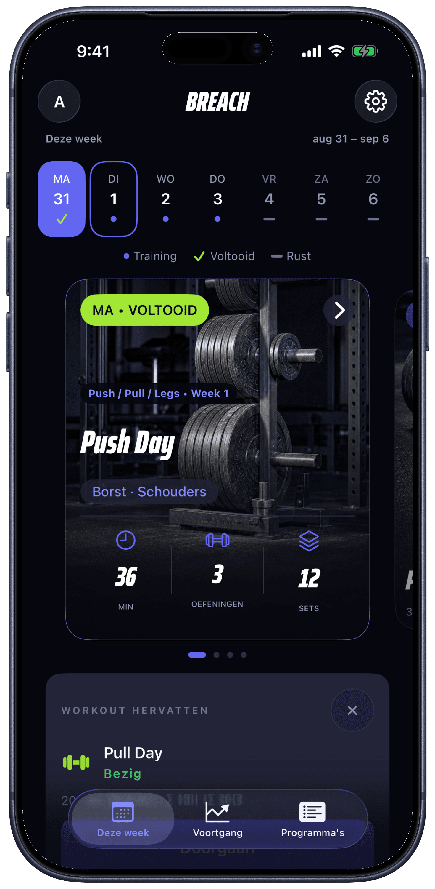 Breach-scherm Deze week met komende workouts verdeeld over je voorkeurstrainingsdagen