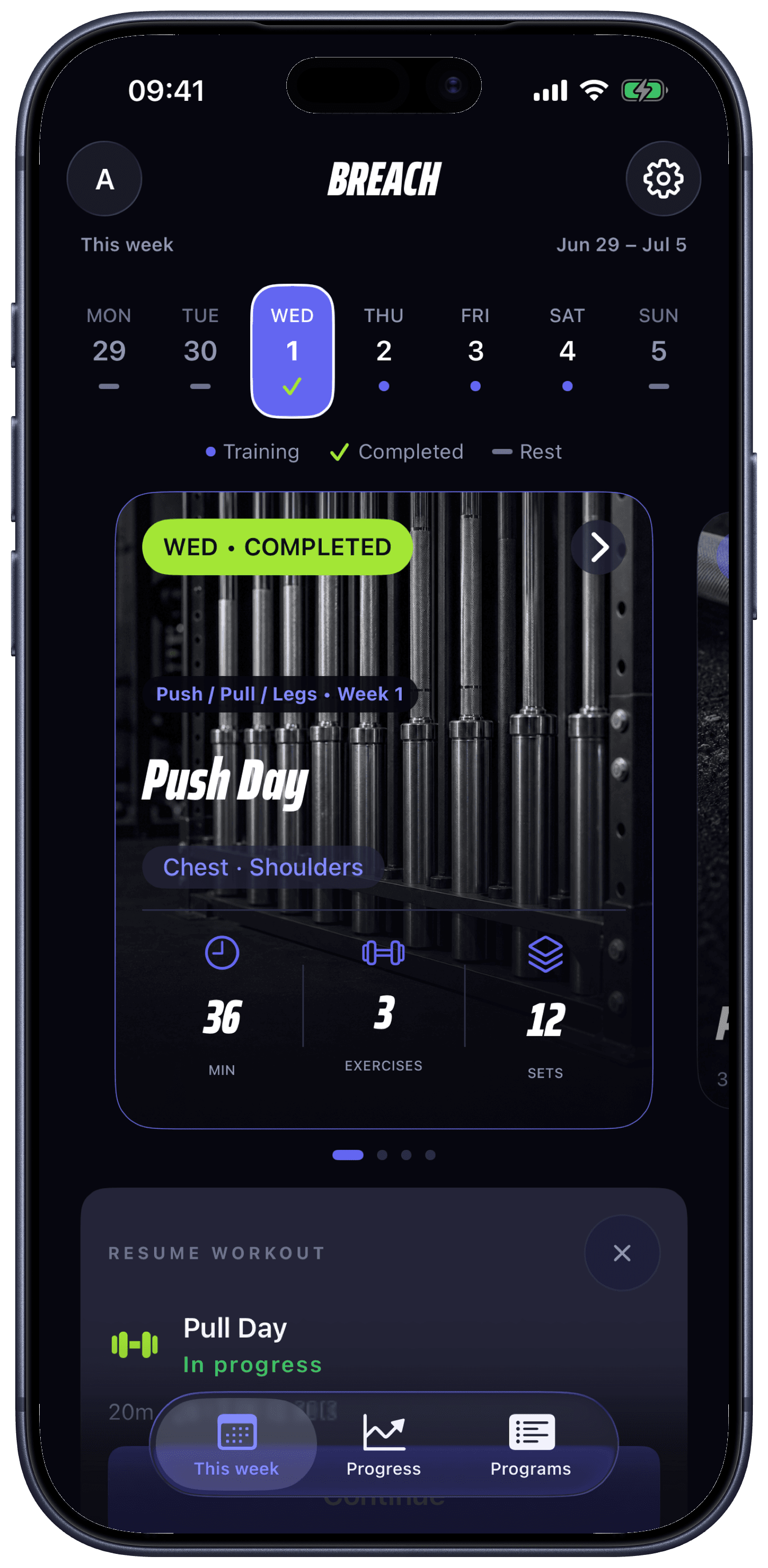 Breach This Week screen showing upcoming workouts mapped to preferred training days