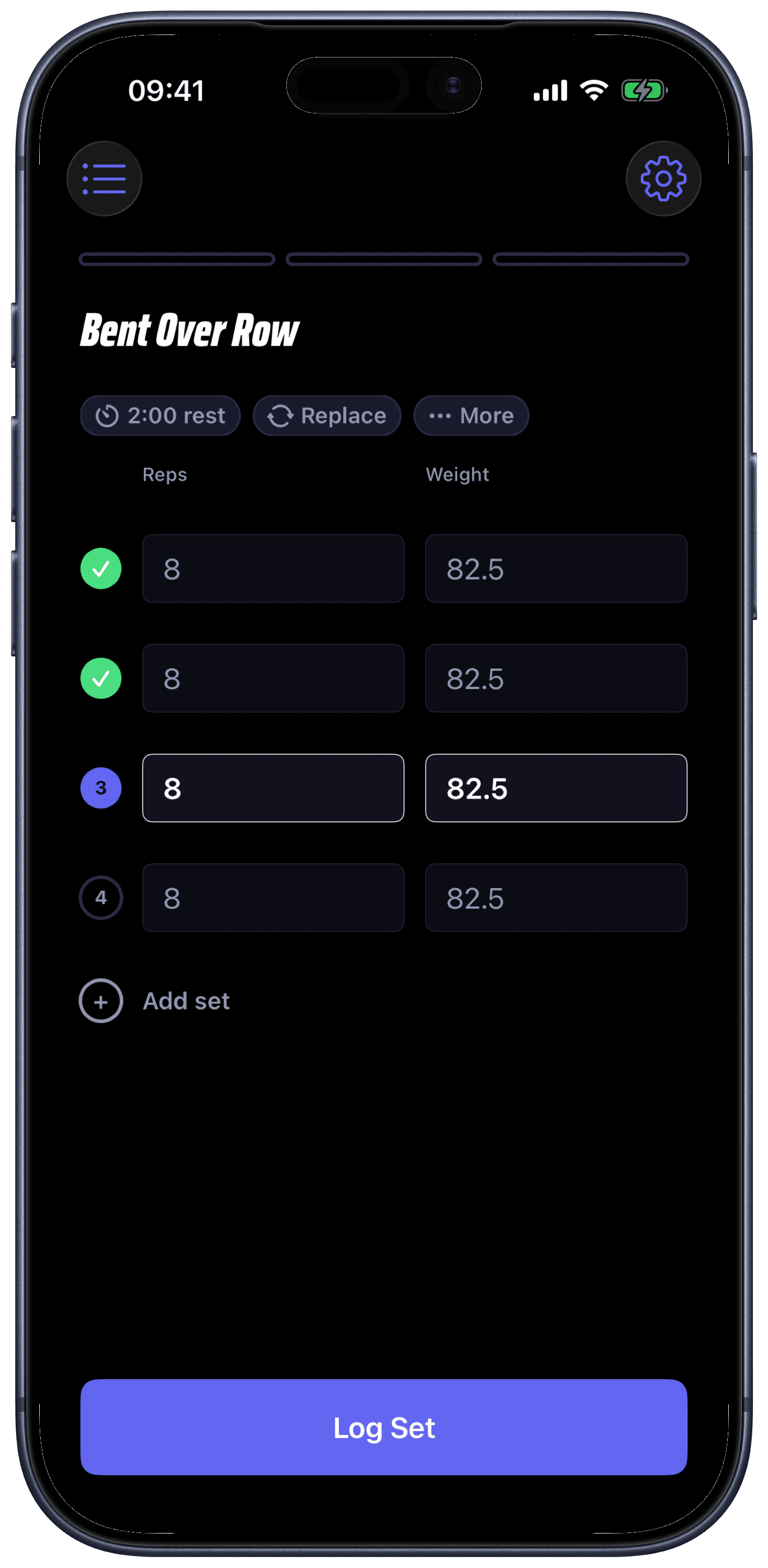 Breach Gym Mode screen for logging reps and weight set by set